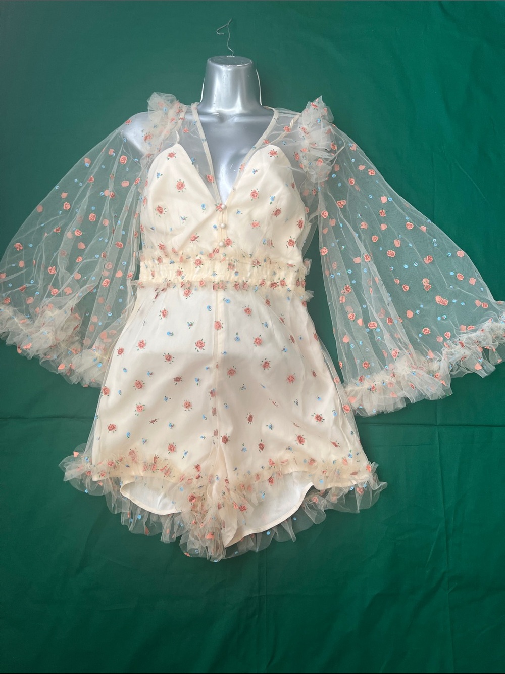 Alice McCALL Sheer Floral Appliqué Lace Romper -  Peach Cream with Pink Accents